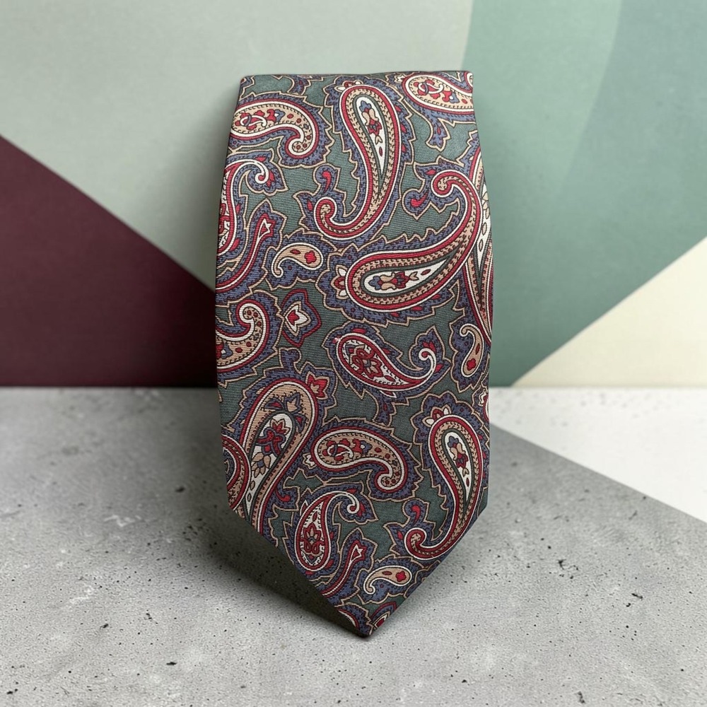 Halston Silk Necktie Paisley Oliver Green Burgundy Classic Preppy Old Money